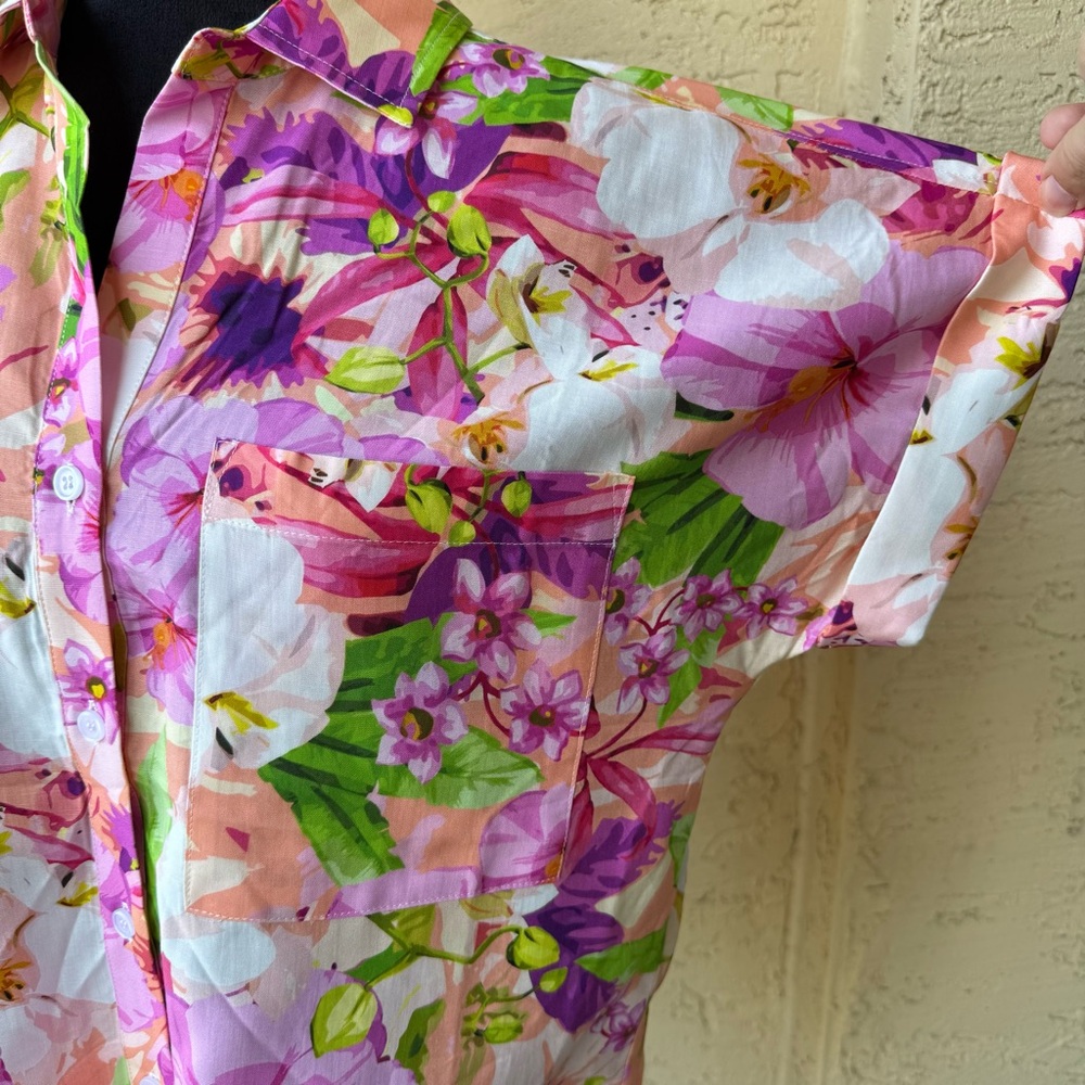 Boston Proper Cabo Fleurs Print Shirt Sz M Multicolor Versatile Short Sleeve - Picture 8 of 12